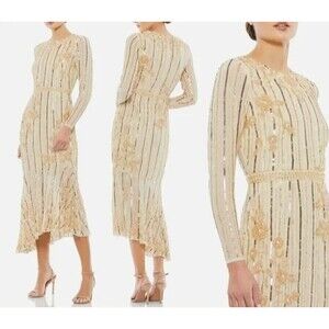 Mac Duggal NWT Long‎ Sleeve Embellished Tea Length Gown in Nude Gold Size 24